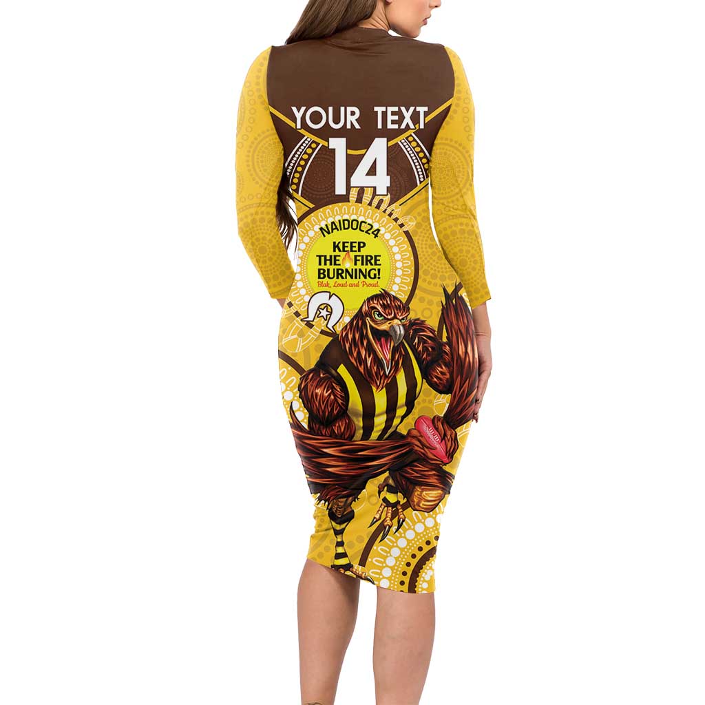 Custom AFL Hawkthorn NAIDOC Week Long Sleeve Bodycon Dress Keep The Fire Burning Indigenous Art