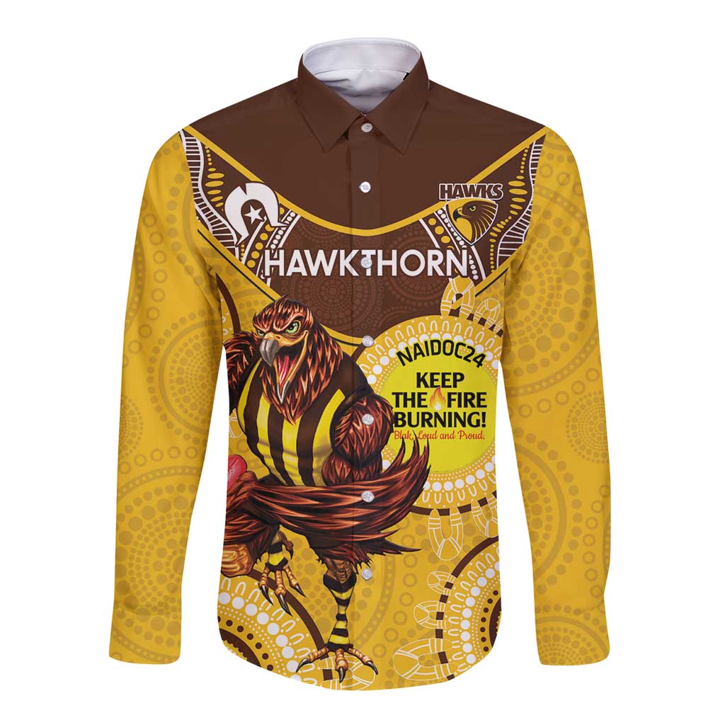 Custom AFL Hawkthorn NAIDOC Week Long Sleeve Button Shirt Keep The Fire Burning Indigenous Art