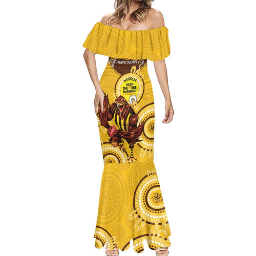 Custom AFL Hawkthorn NAIDOC Week Mermaid Dress Keep The Fire Burning Indigenous Art