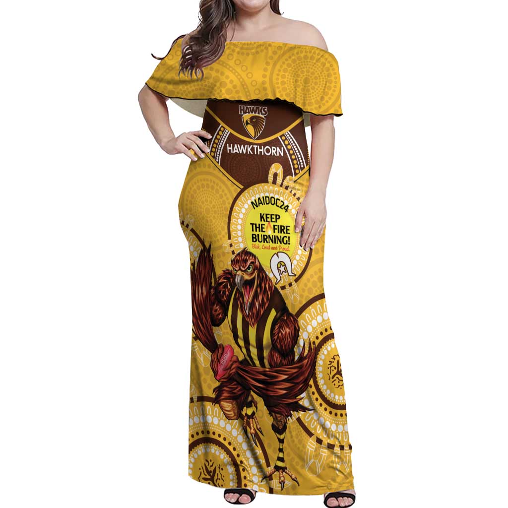 Custom AFL Hawkthorn NAIDOC Week Off Shoulder Maxi Dress Keep The Fire Burning Indigenous Art