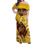 Custom AFL Hawkthorn NAIDOC Week Off Shoulder Maxi Dress Keep The Fire Burning Indigenous Art
