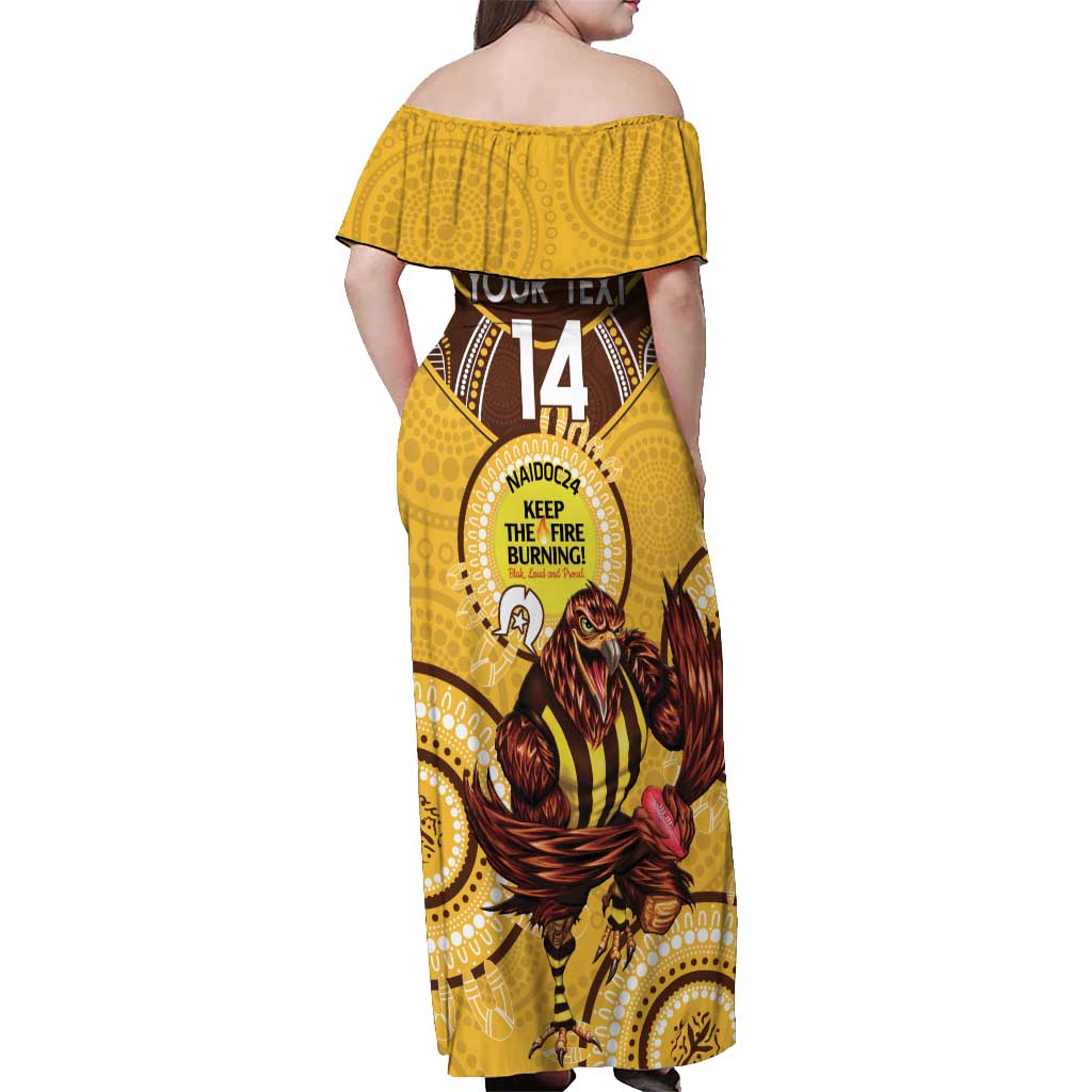Custom AFL Hawkthorn NAIDOC Week Off Shoulder Maxi Dress Keep The Fire Burning Indigenous Art