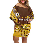 Custom AFL Hawkthorn NAIDOC Week Off Shoulder Short Dress Keep The Fire Burning Indigenous Art