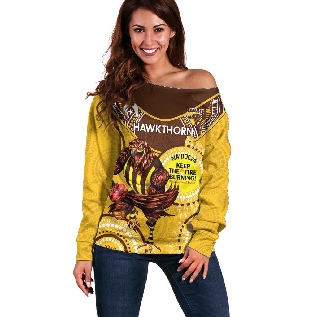 Custom AFL Hawkthorn NAIDOC Week Off Shoulder Sweater Keep The Fire Burning Indigenous Art