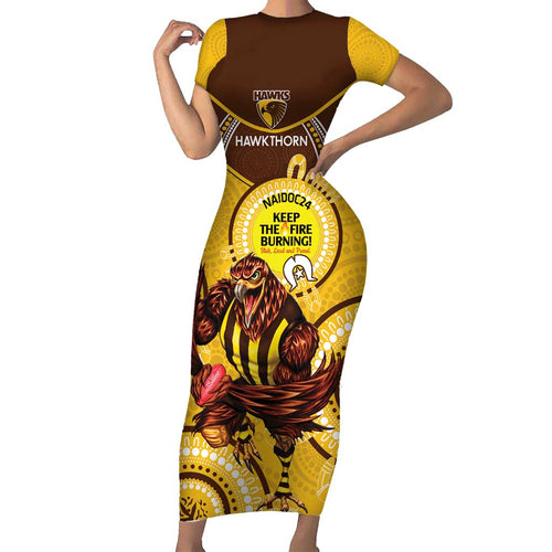 Custom AFL Hawkthorn NAIDOC Week Short Sleeve Bodycon Dress Keep The Fire Burning Indigenous Art