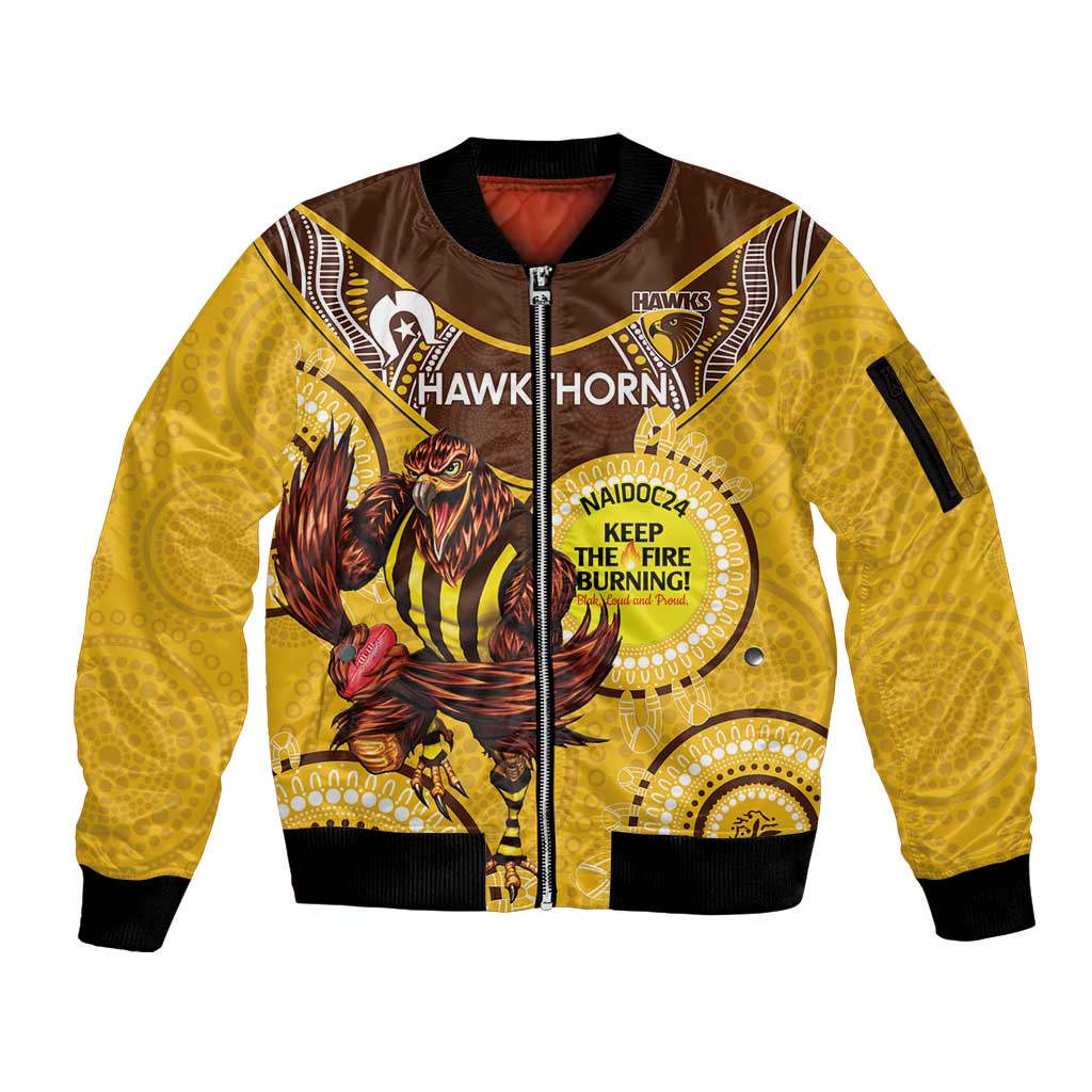 Custom AFL Hawkthorn NAIDOC Week Sleeve Zip Bomber Jacket Keep The Fire Burning Indigenous Art