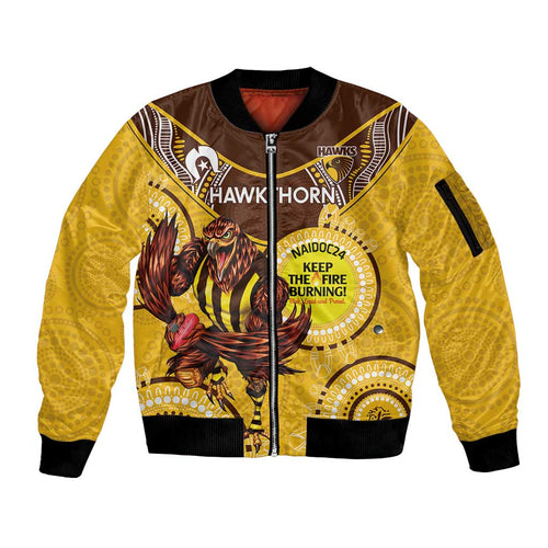 Custom AFL Hawkthorn NAIDOC Week Sleeve Zip Bomber Jacket Keep The Fire Burning Indigenous Art