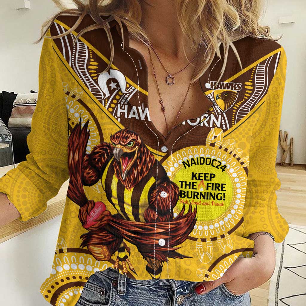 Custom AFL Hawkthorn NAIDOC Week Women Casual Shirt Keep The Fire Burning Indigenous Art