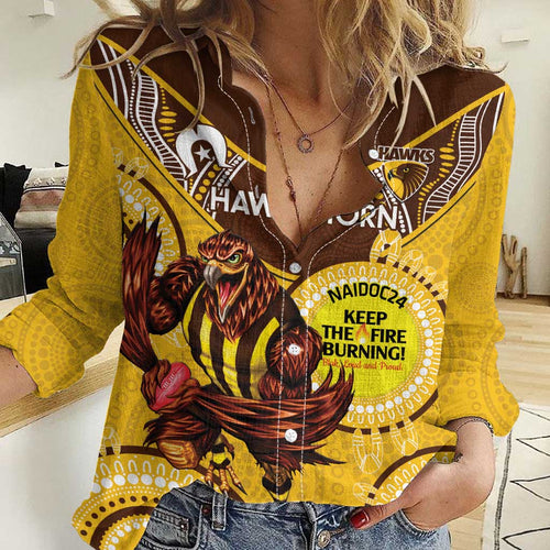 Custom AFL Hawkthorn NAIDOC Week Women Casual Shirt Keep The Fire Burning Indigenous Art