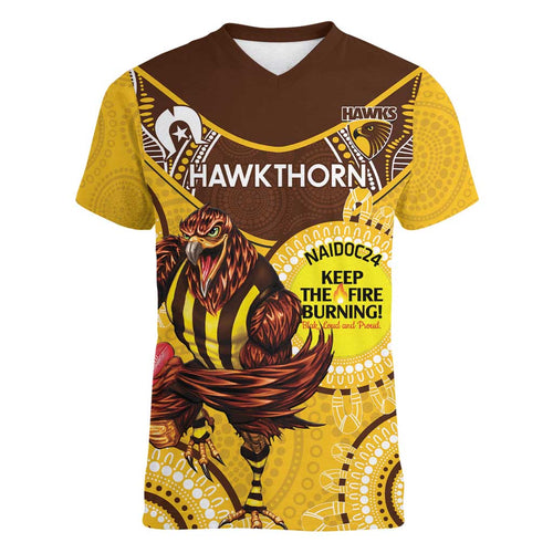 Custom AFL Hawkthorn NAIDOC Week Women V-Neck T-Shirt Keep The Fire Burning Indigenous Art