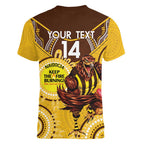 Custom AFL Hawkthorn NAIDOC Week Women V-Neck T-Shirt Keep The Fire Burning Indigenous Art