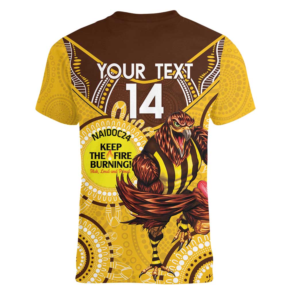 Custom AFL Hawkthorn NAIDOC Week Women V-Neck T-Shirt Keep The Fire Burning Indigenous Art