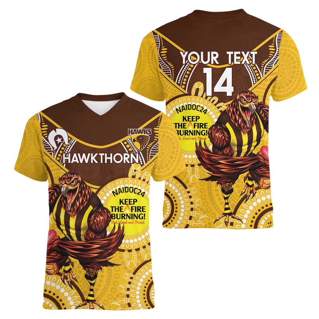 Custom AFL Hawkthorn NAIDOC Week Women V-Neck T-Shirt Keep The Fire Burning Indigenous Art