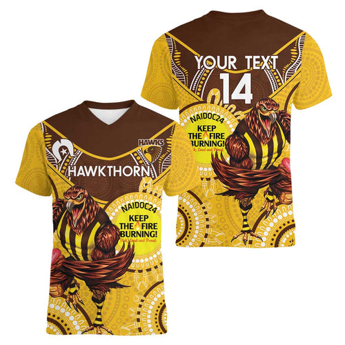 Custom AFL Hawkthorn NAIDOC Week Women V-Neck T-Shirt Keep The Fire Burning Indigenous Art