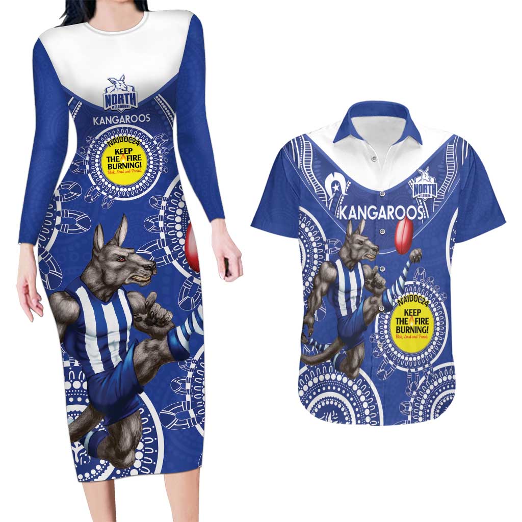 Custom AFL Kangaroos NAIDOC Week Couples Matching Long Sleeve Bodycon Dress and Hawaiian Shirt Keep The Fire Burning Indigenous Art