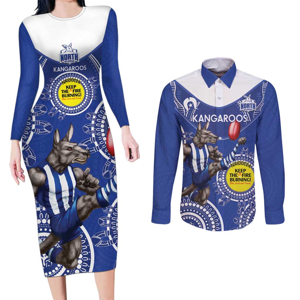 Custom AFL Kangaroos NAIDOC Week Couples Matching Long Sleeve Bodycon Dress and Long Sleeve Button Shirt Keep The Fire Burning Indigenous Art