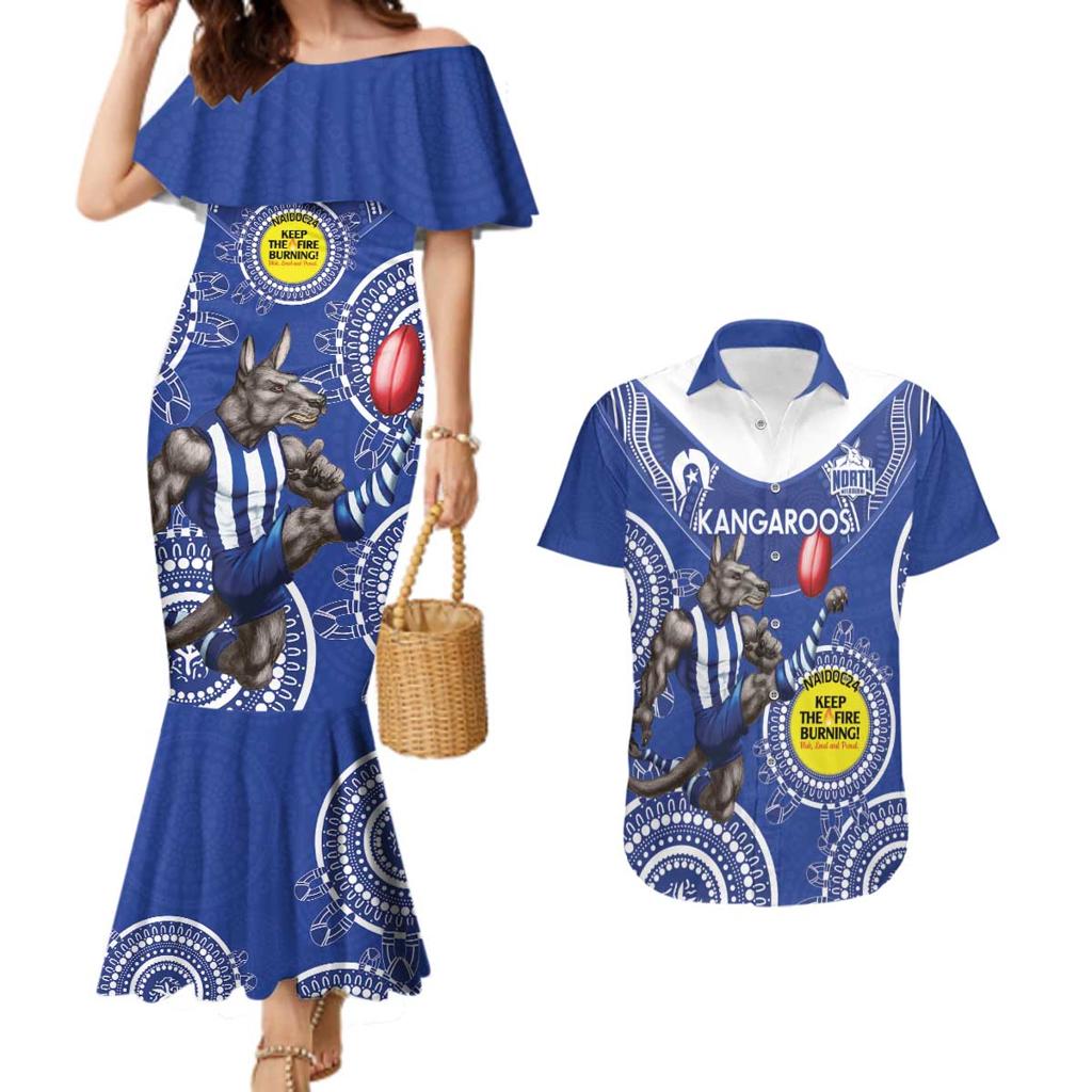 Custom AFL Kangaroos NAIDOC Week Couples Matching Mermaid Dress and Hawaiian Shirt Keep The Fire Burning Indigenous Art