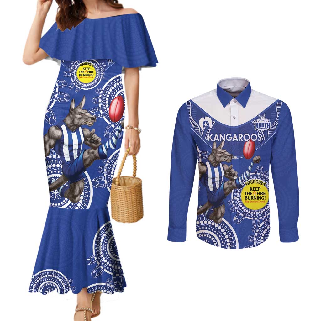 Custom AFL Kangaroos NAIDOC Week Couples Matching Mermaid Dress and Long Sleeve Button Shirt Keep The Fire Burning Indigenous Art