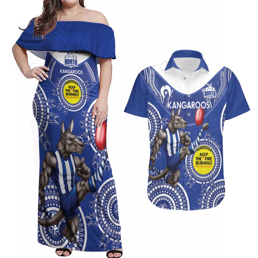 Custom AFL Kangaroos NAIDOC Week Couples Matching Off Shoulder Maxi Dress and Hawaiian Shirt Keep The Fire Burning Indigenous Art
