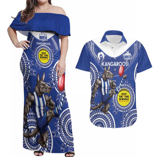 Custom AFL Kangaroos NAIDOC Week Couples Matching Off Shoulder Maxi Dress and Hawaiian Shirt Keep The Fire Burning Indigenous Art