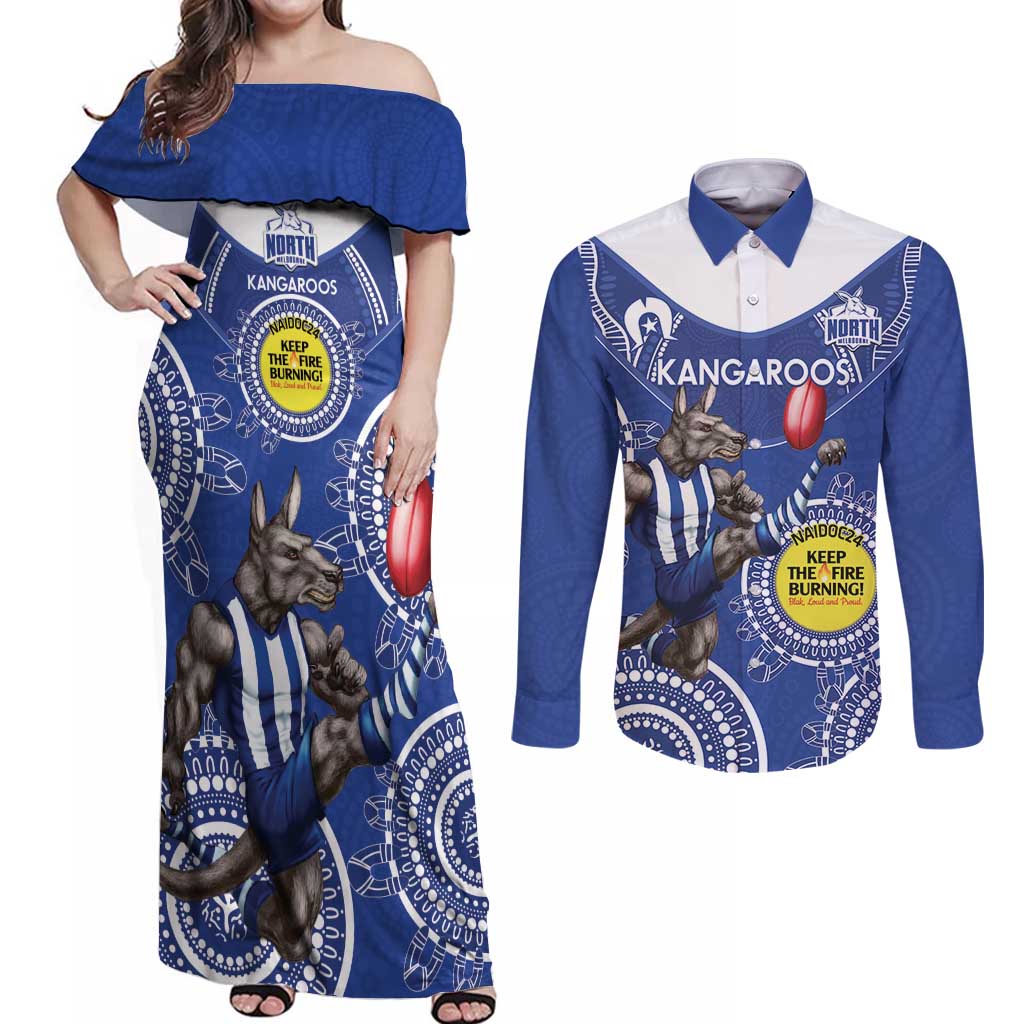 Custom AFL Kangaroos NAIDOC Week Couples Matching Off Shoulder Maxi Dress and Long Sleeve Button Shirt Keep The Fire Burning Indigenous Art