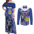 Custom AFL Kangaroos NAIDOC Week Couples Matching Off Shoulder Maxi Dress and Long Sleeve Button Shirt Keep The Fire Burning Indigenous Art