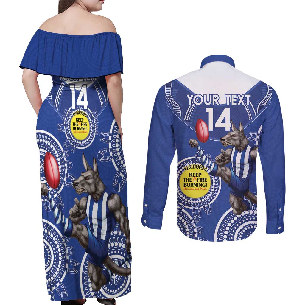 Custom AFL Kangaroos NAIDOC Week Couples Matching Off Shoulder Maxi Dress and Long Sleeve Button Shirt Keep The Fire Burning Indigenous Art