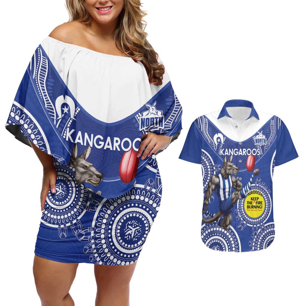 Custom AFL Kangaroos NAIDOC Week Couples Matching Off Shoulder Short Dress and Hawaiian Shirt Keep The Fire Burning Indigenous Art