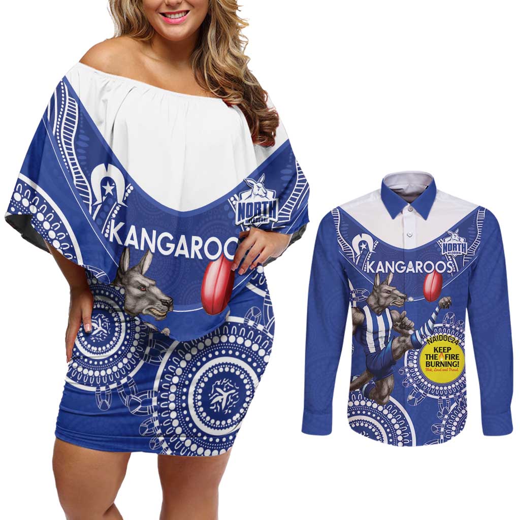 Custom AFL Kangaroos NAIDOC Week Couples Matching Off Shoulder Short Dress and Long Sleeve Button Shirt Keep The Fire Burning Indigenous Art