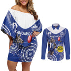 Custom AFL Kangaroos NAIDOC Week Couples Matching Off Shoulder Short Dress and Long Sleeve Button Shirt Keep The Fire Burning Indigenous Art