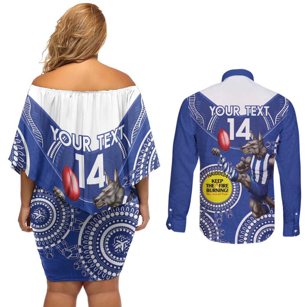 Custom AFL Kangaroos NAIDOC Week Couples Matching Off Shoulder Short Dress and Long Sleeve Button Shirt Keep The Fire Burning Indigenous Art