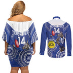 Custom AFL Kangaroos NAIDOC Week Couples Matching Off Shoulder Short Dress and Long Sleeve Button Shirt Keep The Fire Burning Indigenous Art