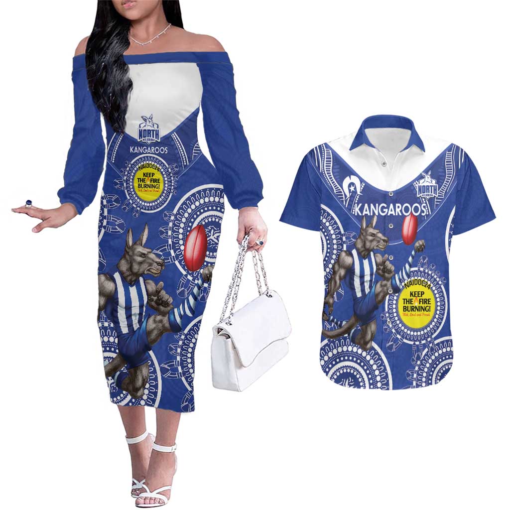 Custom AFL Kangaroos NAIDOC Week Couples Matching Off The Shoulder Long Sleeve Dress and Hawaiian Shirt Keep The Fire Burning Indigenous Art