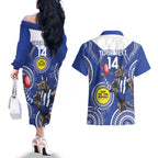 Custom AFL Kangaroos NAIDOC Week Couples Matching Off The Shoulder Long Sleeve Dress and Hawaiian Shirt Keep The Fire Burning Indigenous Art