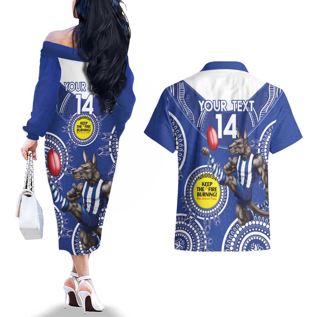 Custom AFL Kangaroos NAIDOC Week Couples Matching Off The Shoulder Long Sleeve Dress and Hawaiian Shirt Keep The Fire Burning Indigenous Art