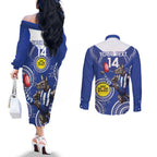 Custom AFL Kangaroos NAIDOC Week Couples Matching Off The Shoulder Long Sleeve Dress and Long Sleeve Button Shirt Keep The Fire Burning Indigenous Art