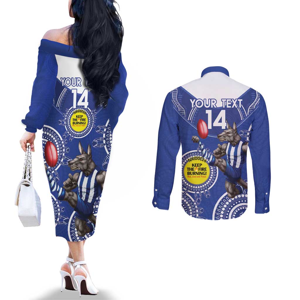 Custom AFL Kangaroos NAIDOC Week Couples Matching Off The Shoulder Long Sleeve Dress and Long Sleeve Button Shirt Keep The Fire Burning Indigenous Art
