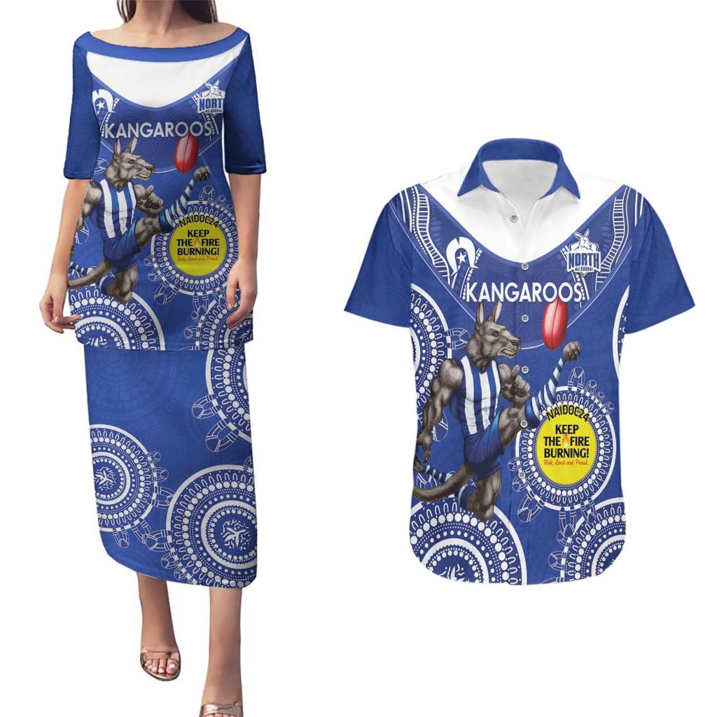 Custom AFL Kangaroos NAIDOC Week Couples Matching Puletasi and Hawaiian Shirt Keep The Fire Burning Indigenous Art