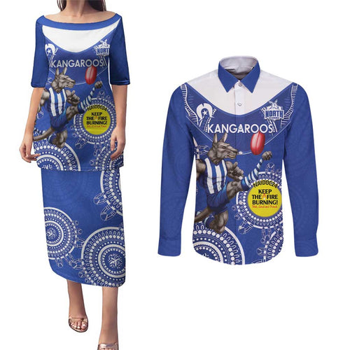 Custom AFL Kangaroos NAIDOC Week Couples Matching Puletasi and Long Sleeve Button Shirt Keep The Fire Burning Indigenous Art