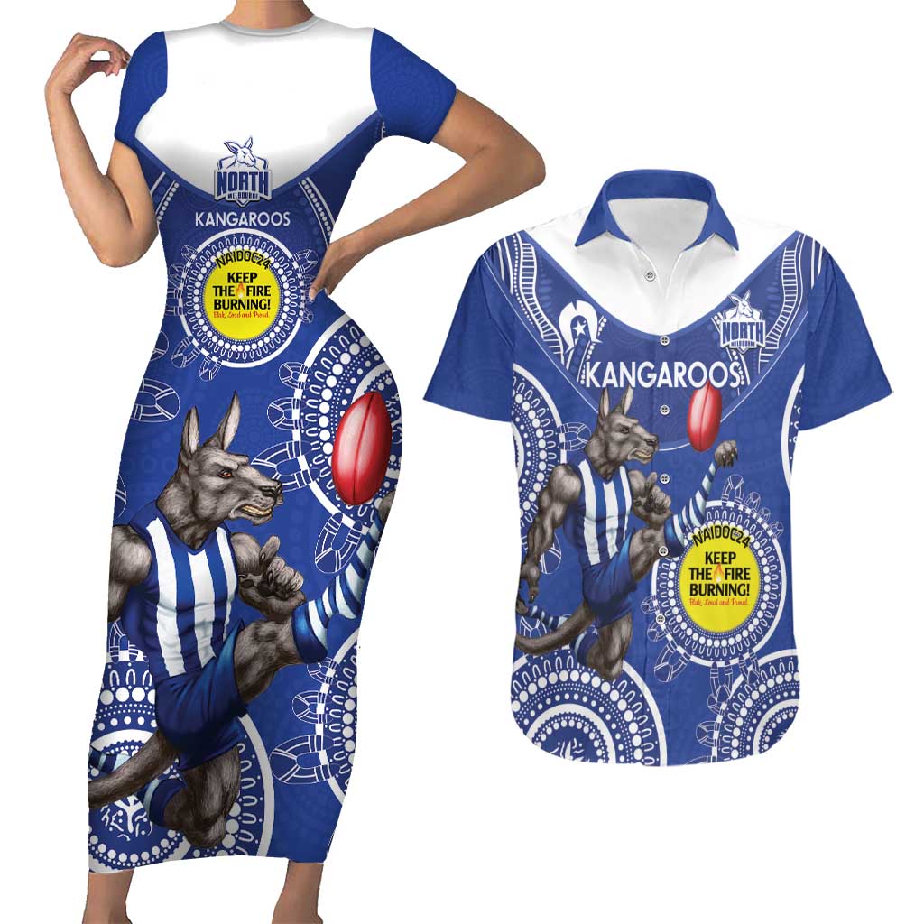 Custom AFL Kangaroos NAIDOC Week Couples Matching Short Sleeve Bodycon Dress and Hawaiian Shirt Keep The Fire Burning Indigenous Art