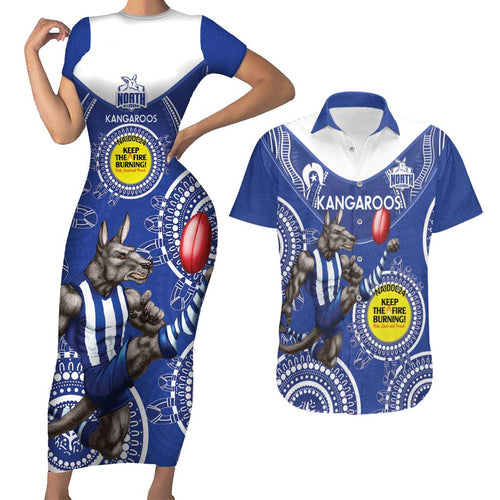 Custom AFL Kangaroos NAIDOC Week Couples Matching Short Sleeve Bodycon Dress and Hawaiian Shirt Keep The Fire Burning Indigenous Art