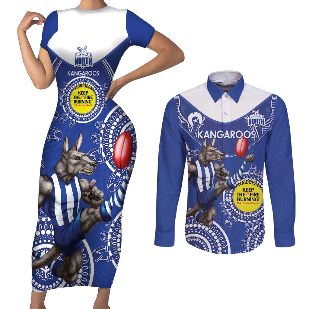 Custom AFL Kangaroos NAIDOC Week Couples Matching Short Sleeve Bodycon Dress and Long Sleeve Button Shirt Keep The Fire Burning Indigenous Art