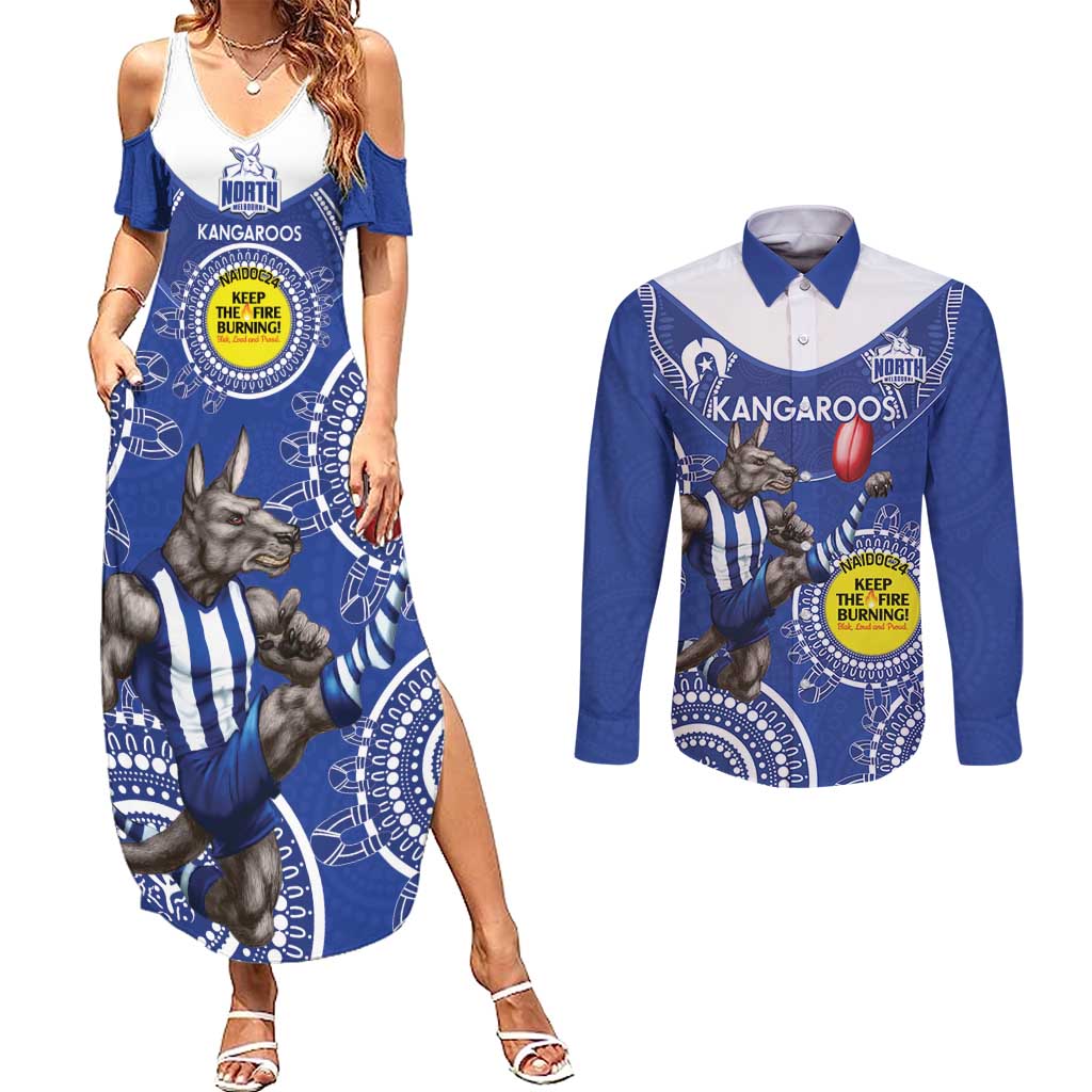 Custom AFL Kangaroos NAIDOC Week Couples Matching Summer Maxi Dress and Long Sleeve Button Shirt Keep The Fire Burning Indigenous Art
