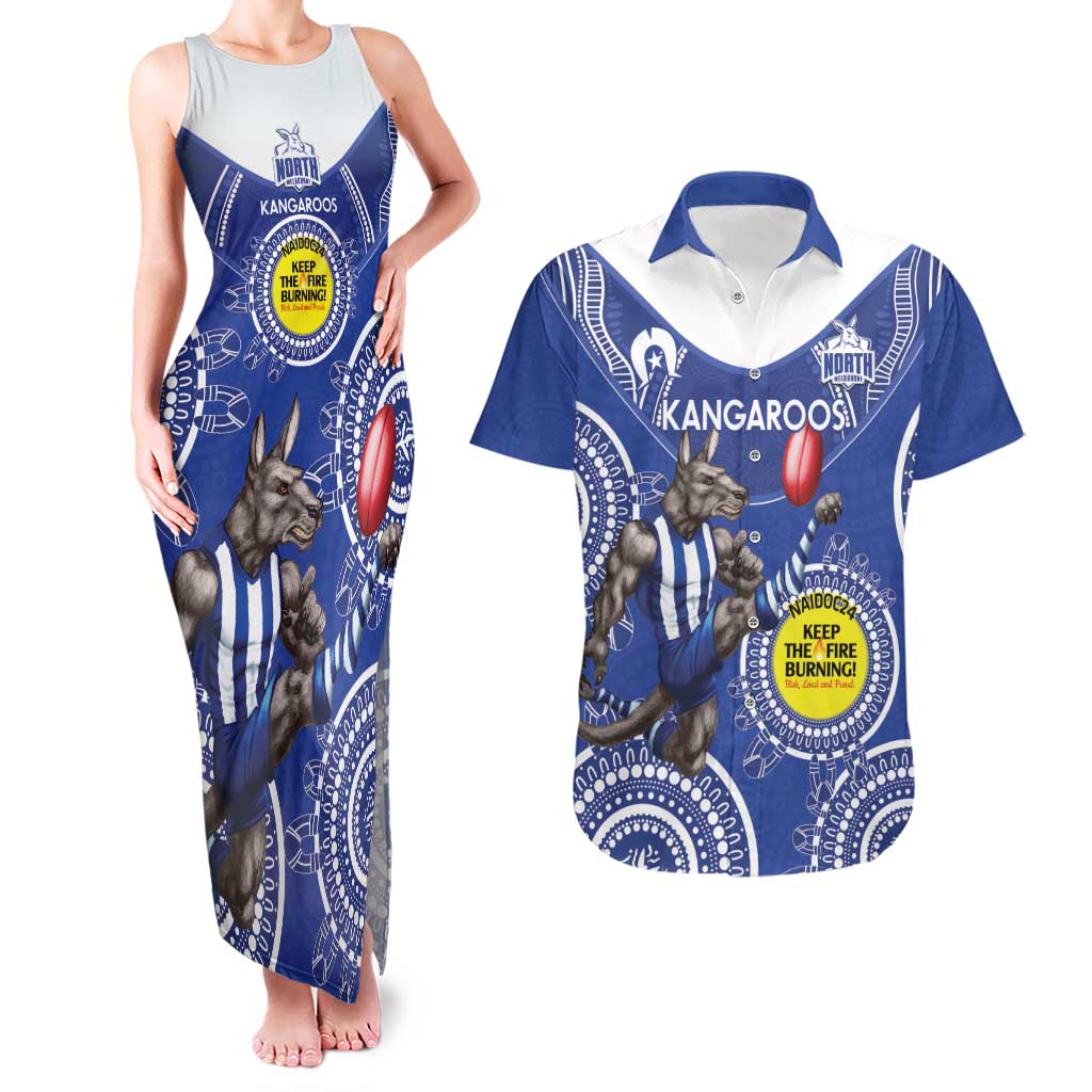 Custom AFL Kangaroos NAIDOC Week Couples Matching Tank Maxi Dress and Hawaiian Shirt Keep The Fire Burning Indigenous Art