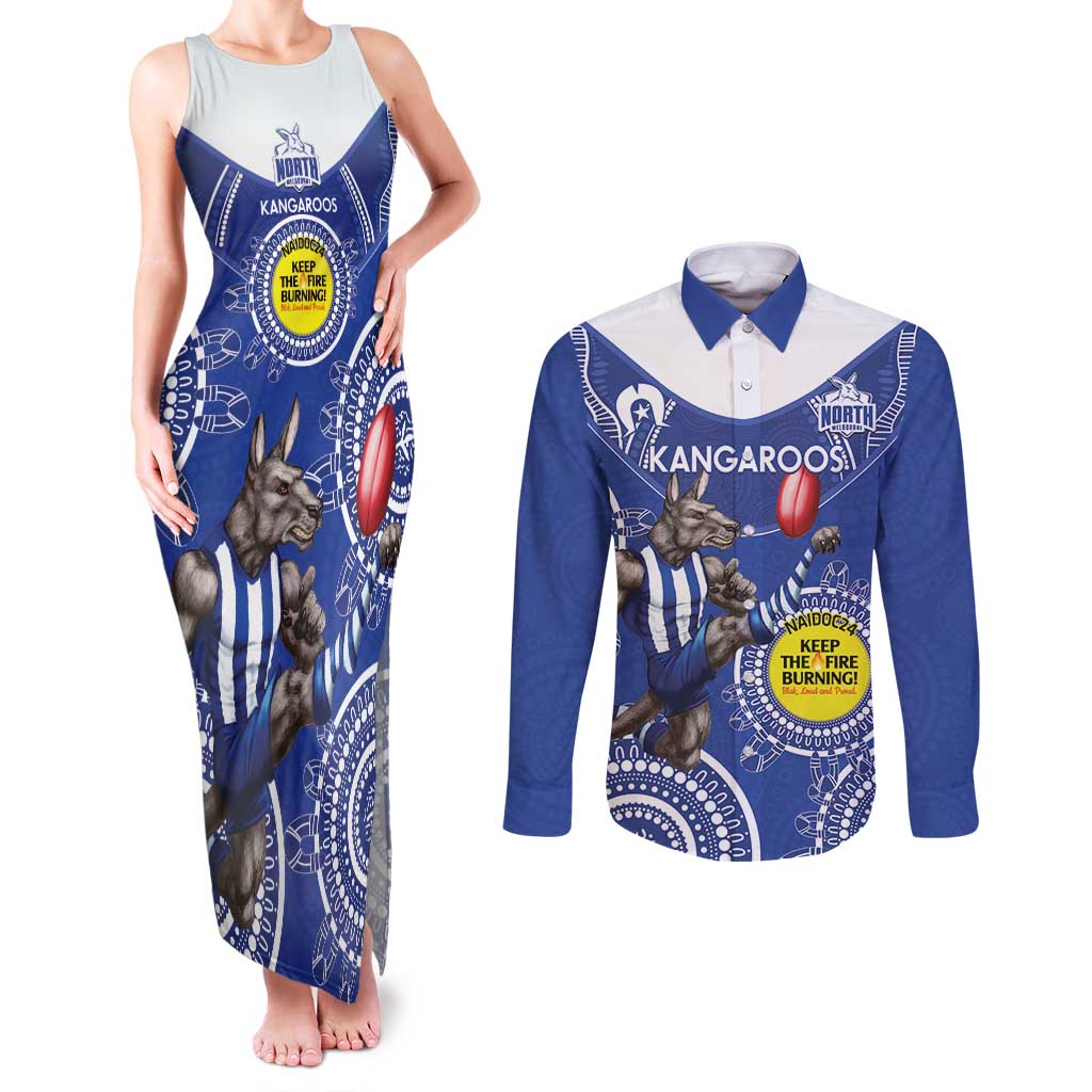 Custom AFL Kangaroos NAIDOC Week Couples Matching Tank Maxi Dress and Long Sleeve Button Shirt Keep The Fire Burning Indigenous Art