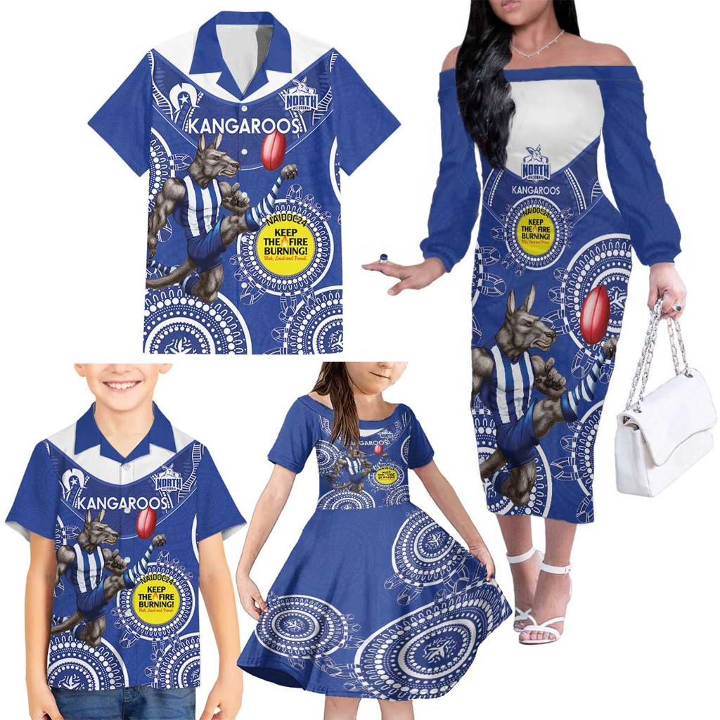 Custom AFL Kangaroos NAIDOC Week Family Matching Off The Shoulder Long Sleeve Dress and Hawaiian Shirt Keep The Fire Burning Indigenous Art