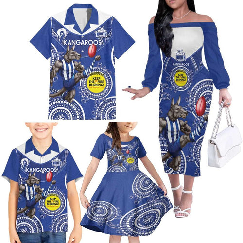 Custom AFL Kangaroos NAIDOC Week Family Matching Off The Shoulder Long Sleeve Dress and Hawaiian Shirt Keep The Fire Burning Indigenous Art