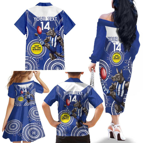 Custom AFL Kangaroos NAIDOC Week Family Matching Off The Shoulder Long Sleeve Dress and Hawaiian Shirt Keep The Fire Burning Indigenous Art