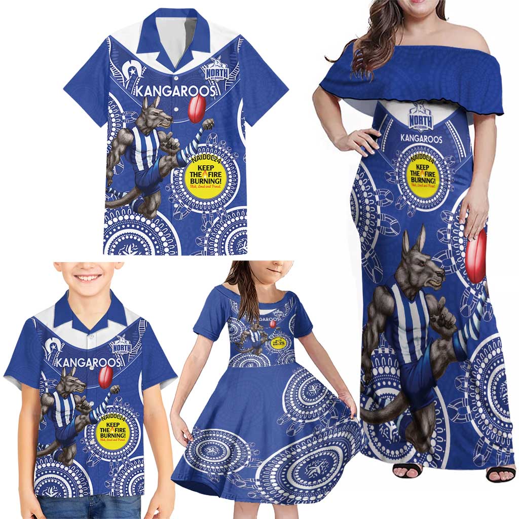 Custom AFL Kangaroos NAIDOC Week Family Matching Off Shoulder Maxi Dress and Hawaiian Shirt Keep The Fire Burning Indigenous Art