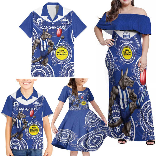 Custom AFL Kangaroos NAIDOC Week Family Matching Off Shoulder Maxi Dress and Hawaiian Shirt Keep The Fire Burning Indigenous Art